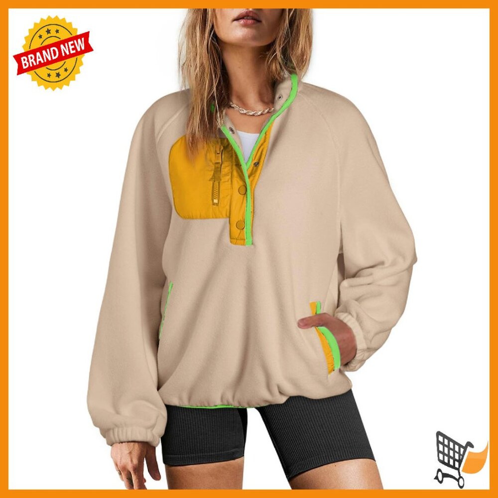 Oversized Fuzzy Fleece Sherpa Sweatshirt Button V-Neck Pocket Pullover